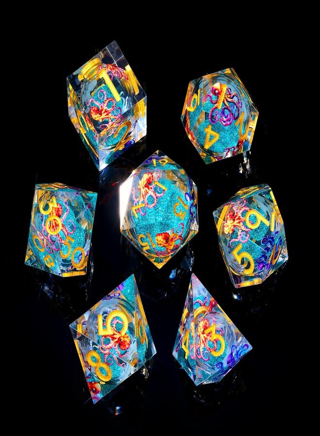 Froggod Octopus Liquid Core DND Dice Set, 7Pcs Sharp Edge D&D Dice with Gift Box, for Dungeons and Dragons RPG MTG D and D Role Playing - Blue Resin - Image 5